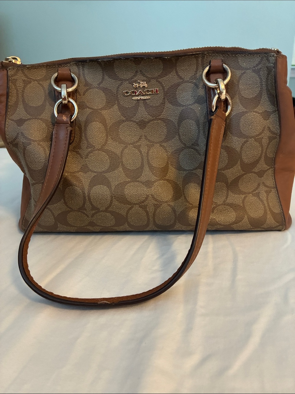 Coach Brown Signature Canvas Shoulder Bag with Leather Trim